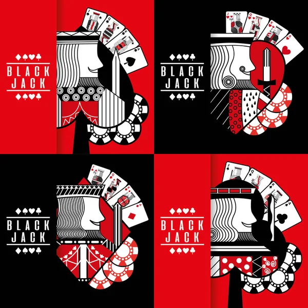 Black jack poker casino jeu roi puce collection — Image vectorielle