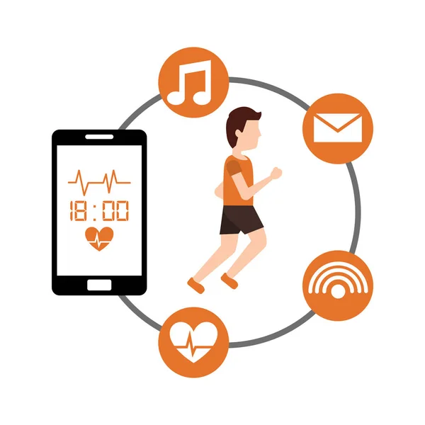 Jongeman joggen en smartphone gezonde smartphone app — Stockvector