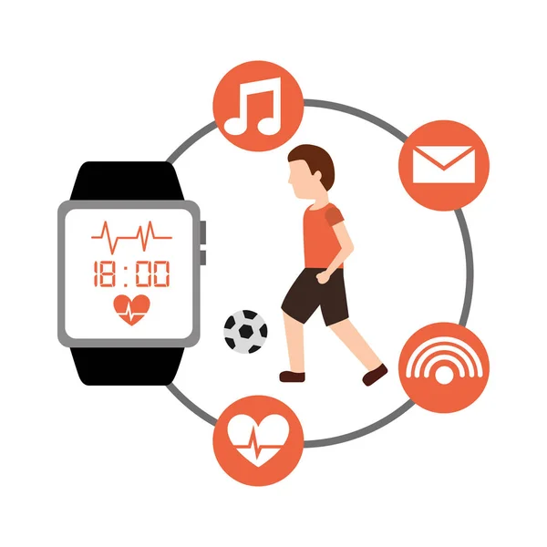 Hombre deportivo con pelota de fútbol reloj inteligente saludable — Vector de stock