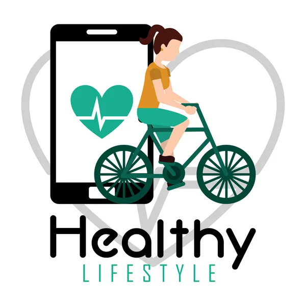 Woman riding bike smartphone heart rate healthy lifestyle — Stock Vector