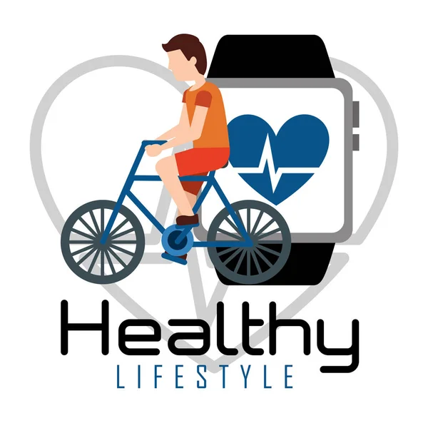 Man riding bike smartphone heart rate healthy lifestyle — Stock Vector