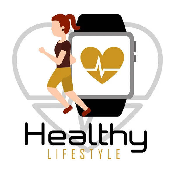 Mujer corriendo con smartphone ritmo cardíaco estilo de vida saludable — Vector de stock