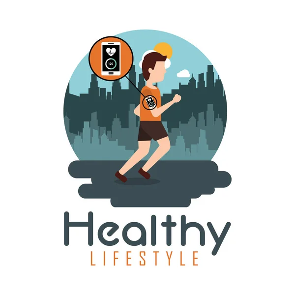 Young man running technology healthy lifestyle theme — Stock Vector