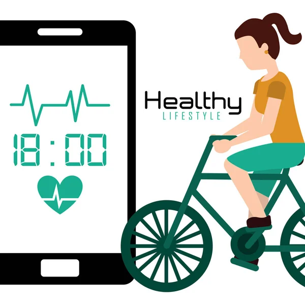 Sport femme équitation vélo mobile app mode de vie sain — Image vectorielle