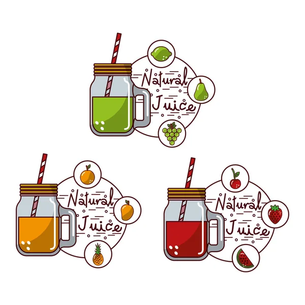 Jus naturel fruits savoureux bocaux en verre ensemble — Image vectorielle