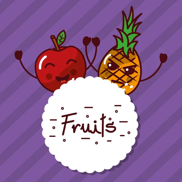 Kawaii manzana piña dibujos animados frutas etiqueta — Vector de stock