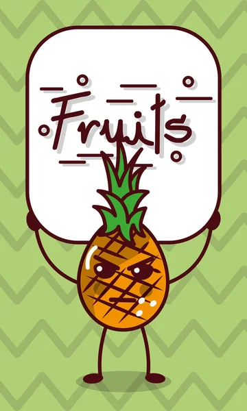 Ananas en colère kawaii dessin animé avec des fruits signe — Image vectorielle