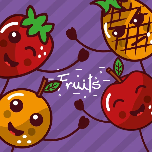 Kawaii sonriente frutas caricatura cartel — Archivo Imágenes Vectoriales