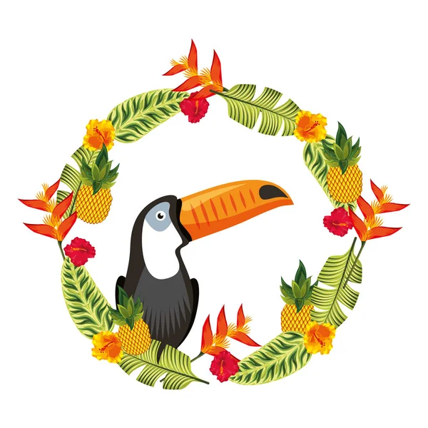 Exotic toucan in weather flowers tropical decoration — Stock Vector