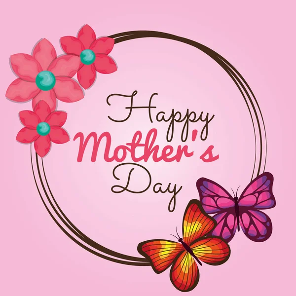 Feliz tarjeta de día de las madres con mariposas y decoración floral — Vector de stock