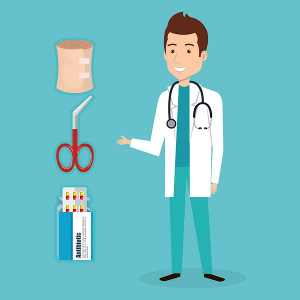 Manlig läkare med medicinska ikoner — Stock vektor