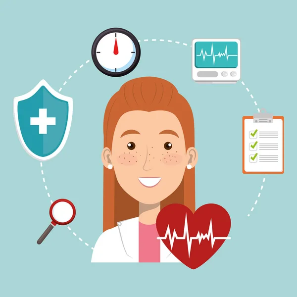 Doctora con iconos médicos — Vector de stock