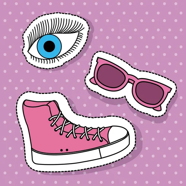 Rosa esporte botas óculos de sol e elementos de fantasia olho —  Vetores de Stock