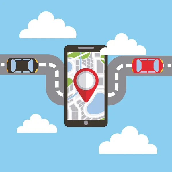 Smartphone s město mapa ulic aplikace a značky pin ukazatele gps navigace — Stockový vektor
