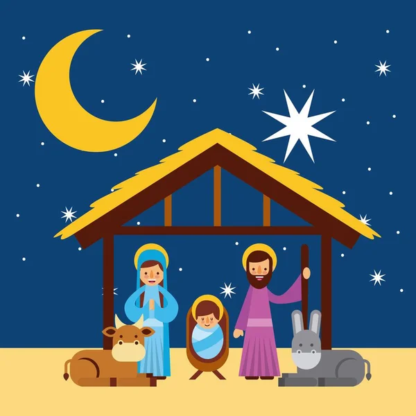 Feliz Navidad sagrada familia tradicional escena religiosa del pesebre — Vector de stock