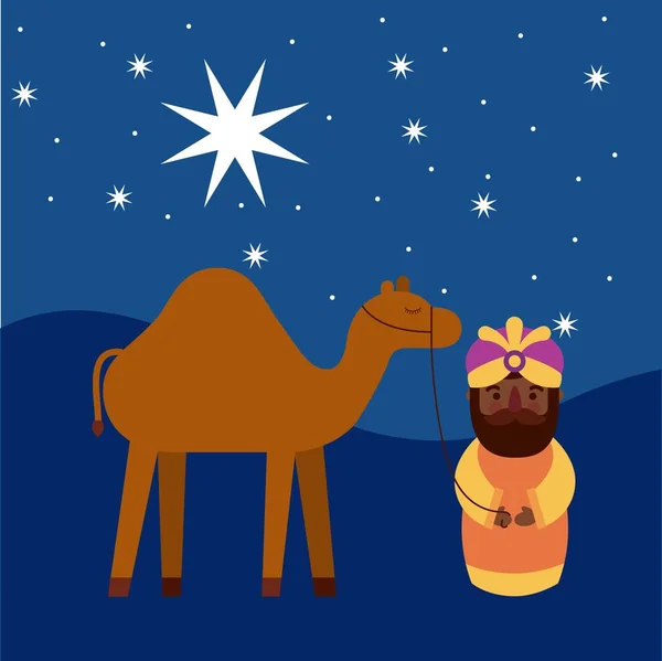 Rey sabio de dibujos animados con pesebre de camello tradicional — Vector de stock