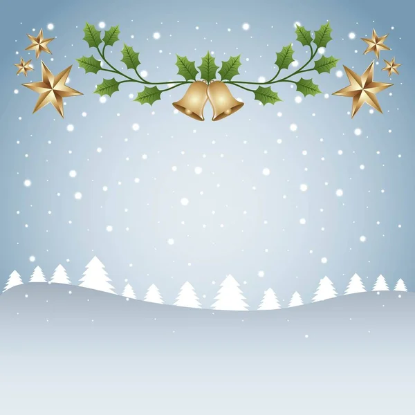 Merry julkort mall träd snö och gren bells stjärniga — Stock vektor