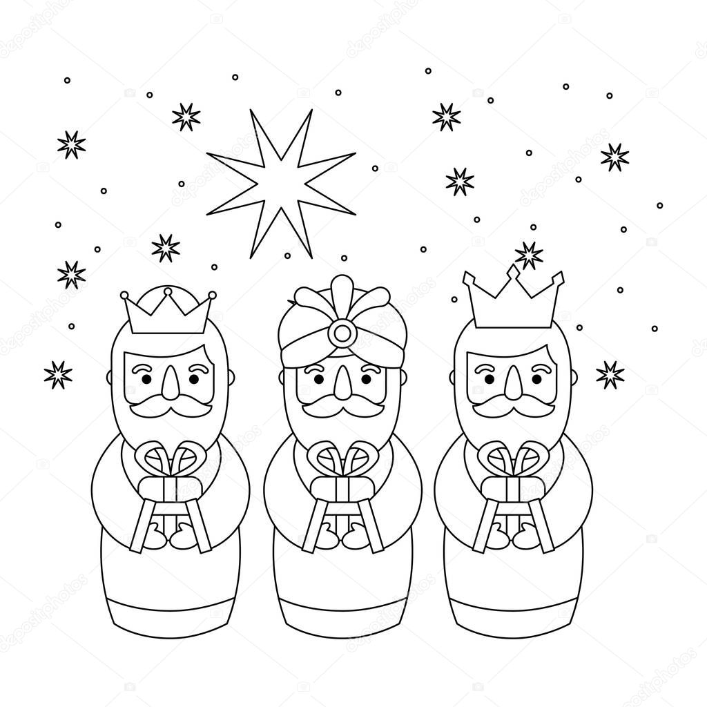 outlined three magic kings bring presents to jesus