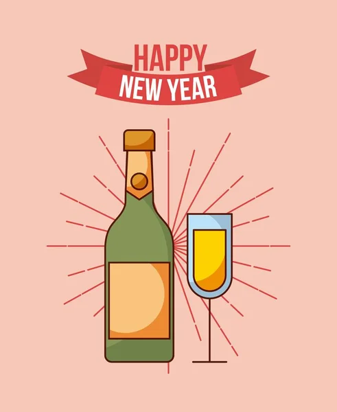 С Новым годом бутылка шампанского бокал праздничный — стоковый вектор