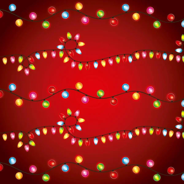 Weihnachtslichter leuchtende Girlanden Glühbirnen Dekoration roter Hintergrund — Stockvektor