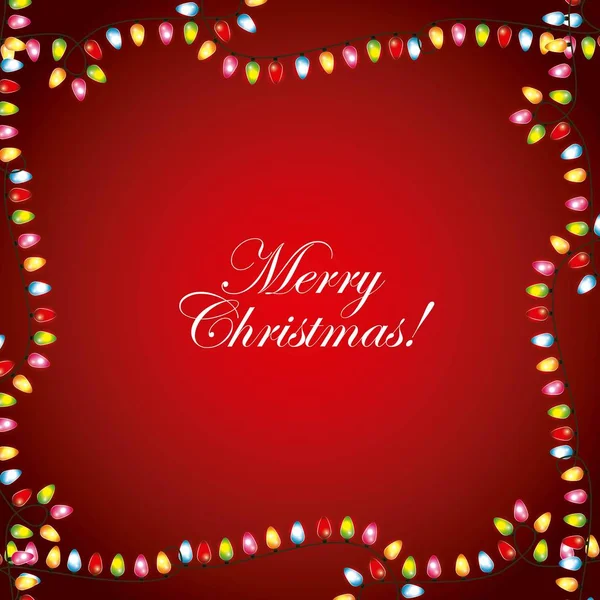 आनंदी ख्रिसमस ग्रीटिंग कार्ड गार्लँड दिवे फ्रेम लाल सजावट पार्श्वभूमी — स्टॉक व्हेक्टर
