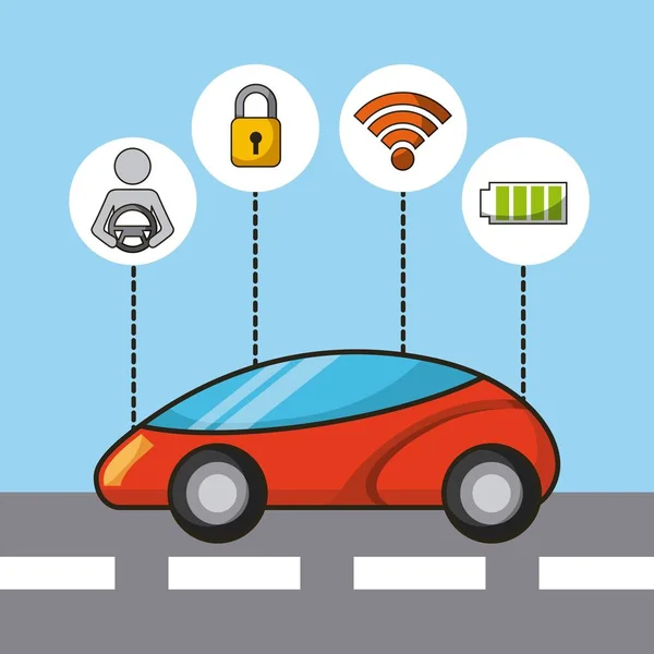 Bilen autonom förarlös säkerhetssensor och elektrisk energi teknik funktioner — Stock vektor