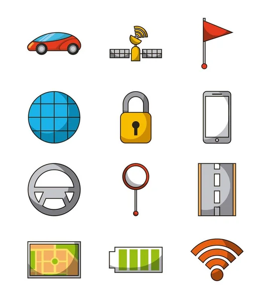 Autonome bil satellit flag mobil sensor pin kort batteri sikkerhed ikon sæt – Stock-vektor