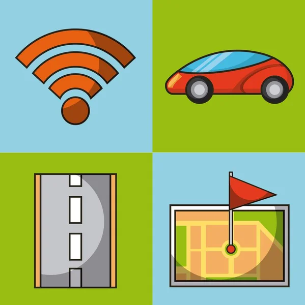 Autonoma bil wifi anslutning karta GPS-flaggan och road ikoner set — Stock vektor