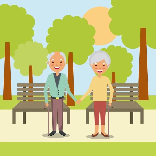 Couple the elderly man and woman holding hands in park with bench tree landscape — Stock Vector