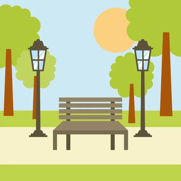 Park bench lamp boom zon landschap scène — Stockvector