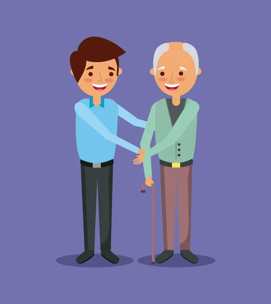 Jovem com homem velho segurando ajuda mão juntos — Vetor de Stock