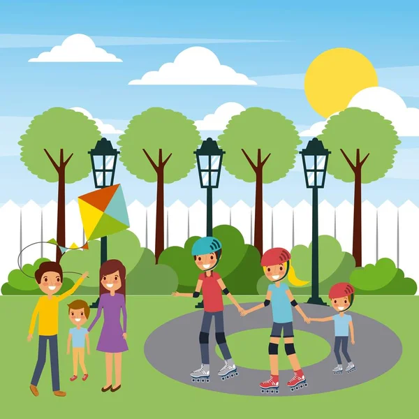 Two families playing funny in the city park — Stock Vector