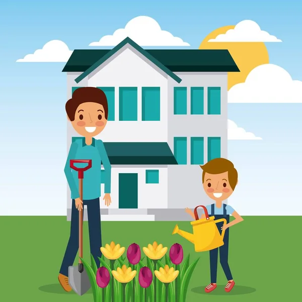 Mujer y niño riego flores jardín casa — Vector de stock