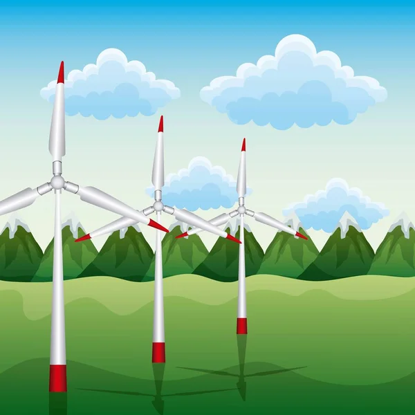 Wind turbines with mountains renewable energy ecology — Stock Vector