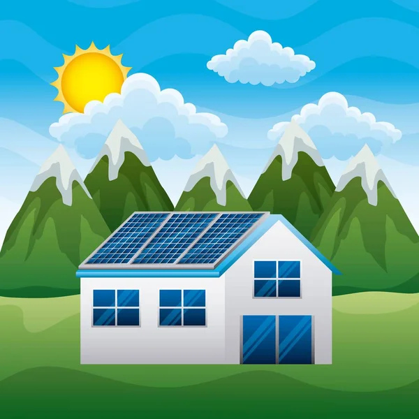 Paisaje montañas casa con panel solar en el techo - energía limpia — Vector de stock