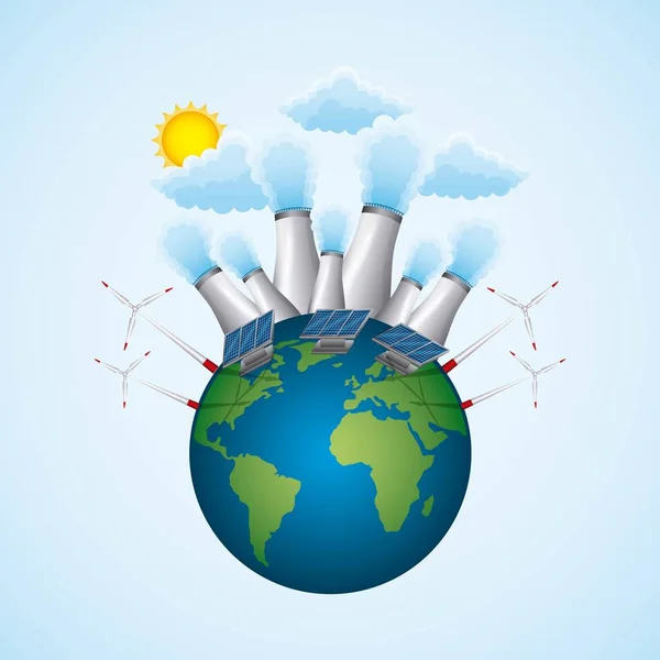 Planet mit Kernkraftwerk Turbinenwind und Solarpaneel - Energie sauber — Stockvektor