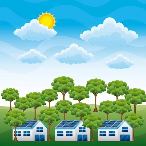 Energia tiszta - házak napelem és az erdő felhő nap — Stock Vector