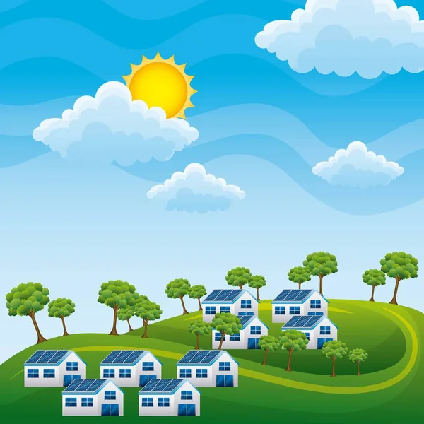 Paisagem natural colinas casas painel árvores solares - energia limpa —  Vetores de Stock