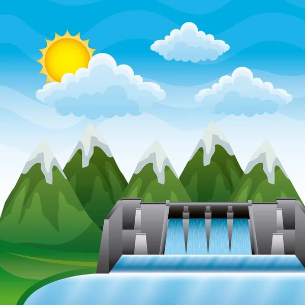 Landschap bergen met dam hydro-elektrische energie schoon — Stockvector