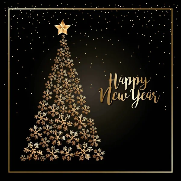 Feliz ano novo dourado elegância árvore estrela e confete glitter — Vetor de Stock