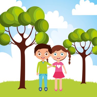 mutlu küçük erkek ve kız arkadaşlık dış doğada sarılma