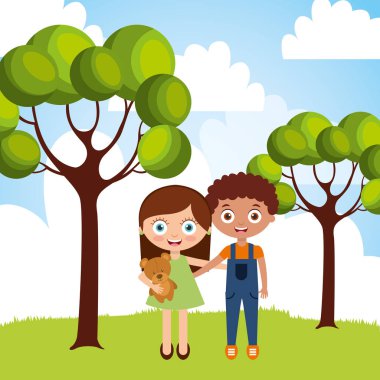 mutlu küçük erkek ve kız arkadaşlık dış doğada sarılma