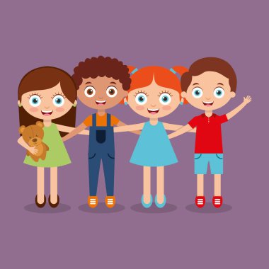 Grup çocuklar mutlu gülümseyen erkek ve kız kucaklamak