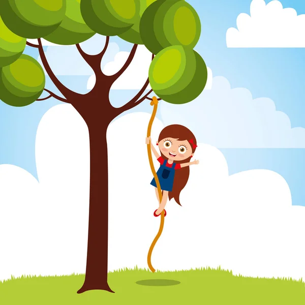 Beautiful girl climbing up with rope the tree — Stock Vector