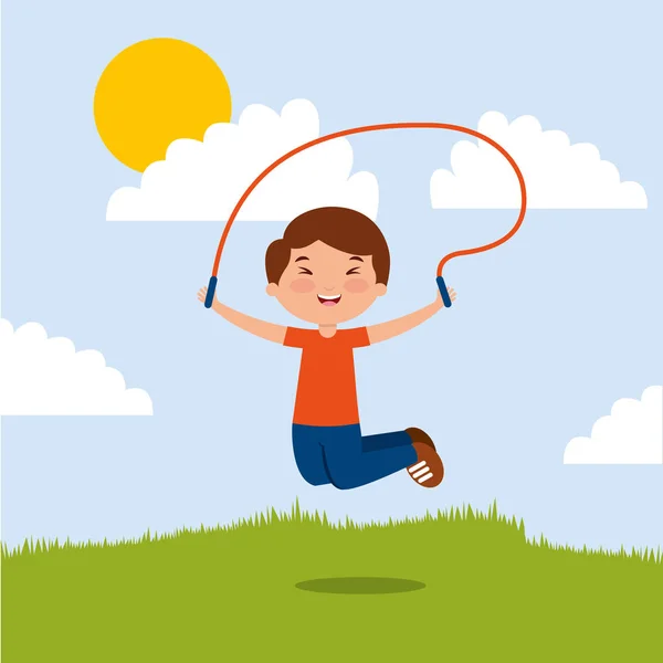 Cute boy playing jumping rope in the park — Stock Vector