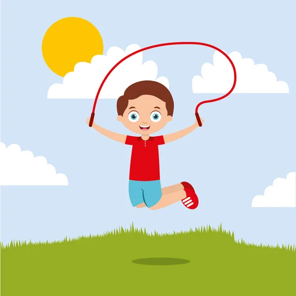 Cute boy playing jumping rope in the park — Stock Vector