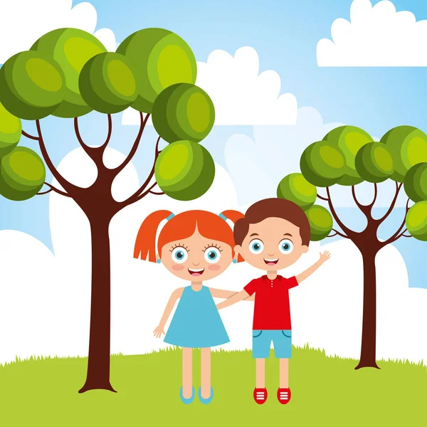 Ευτυχής λίγο αγόρι και κορίτσι αγκαλιάζει φιλίας στην έξω φύση — Διανυσματικό Αρχείο