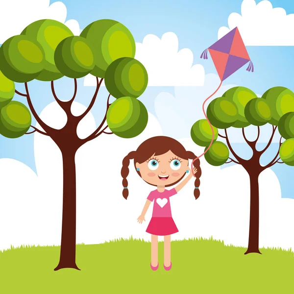 Όμορφο κοριτσάκι παίζει με αετό στο πάρκο — Διανυσματικό Αρχείο