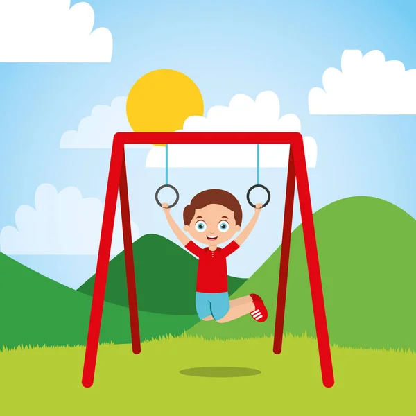 Mladý chlapec zavěšené kroužky bar v parku slunečný den — Stockový vektor