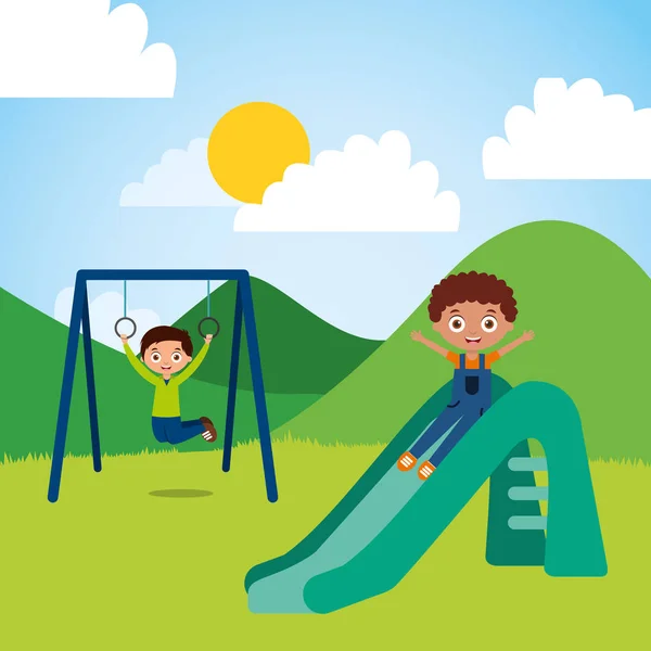Niedlich glücklich kleine Kinder spielen Rutsche springen Seil Spielplatz — Stockvektor
